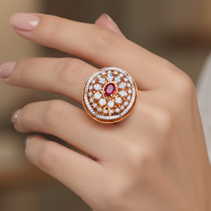 แหวนพลอยทับทิมสีชมพูทรงรีสุดหรู ประดับเพชรทองสองสี ดีไซน์ลายดอกไม้แบบราชวงศ์ เหมาะสำหรับงานเลี้ยงขนาดใหญ่ - Product Image 5