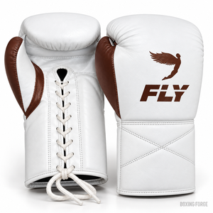 Gants de boxe professionnels en cuir Fly, à lacets, pour adultes, blancs avec accents marron, design respirant - Product Image 1