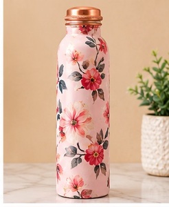 Navy Blue Floral <b>Metal</b> <b>Water</b> <b>Bottle</b> with Copper Lid Portable Travel Drinkware - Product Image 3