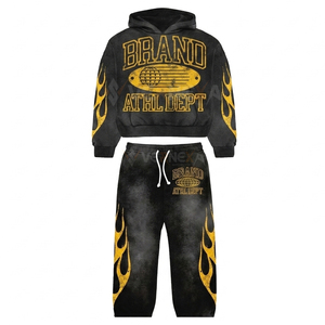Premium Quality Flared Baggy <b>Tracksuit</b> Set Black Cotton Fleece Sun Fade <b>Yellow</b> Puff Print Distressed Training Jogging Sport Wear - Product Image 1