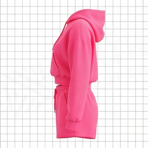 Ensemble sweat à capuche et short rose pour femme, coupe décontractée, au-dessus du genou, couleur unie, en polaire, 2 pièces, tenue printemps-été - Product Image 3