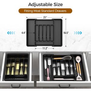 Organizzatore per posate da cucina espandibile extra large, senza BPA, per alimenti, in argento, per cassetti e utensili - Product Image 5