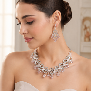 Parure de bijoux ethniques roses plaqués or avec zircon et cristal, collier, boucles d'oreilles et bague en argent pour mariage ou cadeau de fête - Product Image 5