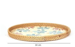 Rattan Tray with Mother of Pearl Inlay Round Wicker Serving <b>Basket</b> for Bread Fruit Coffee Decorative <b>Display</b> Tray - Product Image 6