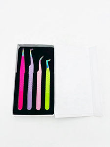 DANTRIC IMPLANTS KM-732 – Ensemble de 4 pinces à cils de précision en acier inoxydable, colorées, à pointes multi-embouts lisses de 10 mm, emballage en boîte - Product Image 1