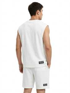 Ensemble T-shirt sans manches et short pour homme ONETEN, blanc uni, décontracté, été, col rond, tenue 2 pièces - Product Image 3