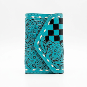 Turquoise Genuine Leather Fold <b>Wallet</b> With Embossed Floral Design Checkered Pattern Handmade Bohemian Style Women's Short <b>Wallet</b> - Product Image 2