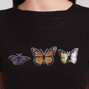 T-shirt court noir pour femme, manches courtes, col rond, broderie papillon, décontracté, été, coupe ajustée, 100% coton jersey - Product Image 3