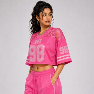 Luxury Women Cropped Football Jersey With <b>Rhinestone</b> Letters <b>Mesh</b> Varsity Streetwear Drop Shoulder Shirt - Product Image 4