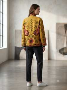 Veste en velours 100% coton, style bohème vintage pour femmes, brodée à la main, couleur verte Mahendi, motif floral Suzani - Product Image 2