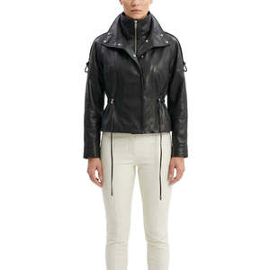 Veste en cuir utilitaire urbaine pour femme avec taille ajustable par cordon de serrage et col cheminée - Product Image 4