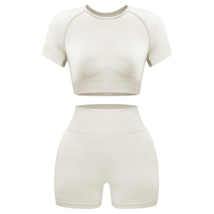 Conjunto Deportivo de 2 Piezas para Mujer, Tejido Crema, Top Corto de Manga Corta, Pantalones Cortos de Cintura Alta, Color Sólido, Transpirable, Primavera Verano - Product Image 1