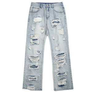 Jean en denim déchiré coupe droite, taille mi-haute, en coton léger, style décontracté d'été pour homme - Product Image 5