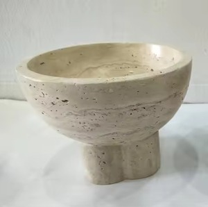 Cuenco de Mármol Beige de Diseño Moderno con Patas Cuadradas, Pedestal de Travertino, Mortero para Cocina o Comedor de Estilo Rústico - Product Image 2