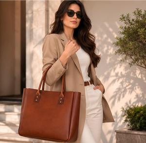 Sac fourre-tout en cuir véritable pour femme, style classique, grande capacité, poignée supérieure, couleur marron, usage quotidien - Product Image 1