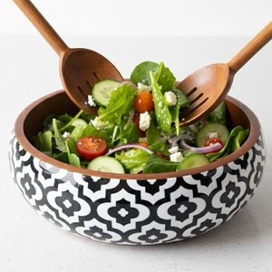 Kitchenware High Quality <b>Sticker</b> Enamel Printed <b>Large</b> Size Wood Round Bowl For Serving Mixing Salad Soup Handmade Customized - Product Image 1