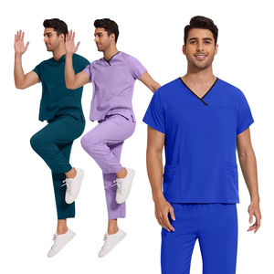 Conjunto de Uniforme Médico Unisex con Cuello en V, Pantalones Rectos y Top de Tela Tejida Ecológica - Product Image 3