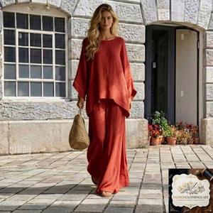 Conjunto Casual Bohemio de Dos Piezas para Mujer, de Algodón, Cintura Alta, Manga Tres Cuartos, Cuello Redondo, Corte Regular, Color Liso Teñido - Product Image 3