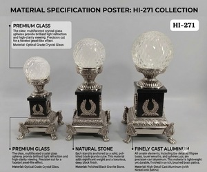 Un conjunto impresionante de 3 soportes decorativos de aluminio de estilo vintage con esferas de cristal facetadas sobre pedestales robustos y ornamentados. - Product Image 2