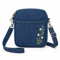 Sac bandoulière en jean coréen pour femme avec broderie florale, fermeture éclair, style classique, petite capacité, usage quotidien
