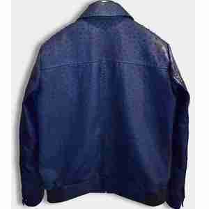 Men's Blue PU Bomber Jacket Embossed Pattern Zipper Closure Turn-<b>down</b> Collar Casual Autumn Style Regular Fit - Product Image 2