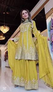 Costume ethnique en soie brodée pour femmes, manches longues, palazzo avec dupatta en dentelle fantaisie, style pakistanais, toutes saisons - Product Image 1