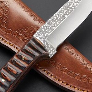 Couteau à lame fixe Nordic Forge en acier 12c27, manche en bois, lame gravée à l'acide et étui en cuir, couteau de chasse à lame pleine ODM OEM - Product Image 2