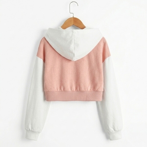 Women's <b>Cropped</b> Hooded Color Block <b>Zip</b>-<b>Up</b> Sweatshirt Cotton Bamboo Fiber Knitted Casual Spring Short Length Full Sleeve - Product Image 2