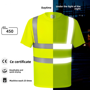 เสื้อยืดแขนสั้นมีกระเป๋าสะท้อนแสงสำหรับงานก่อสร้าง  แบบสั่งทำพร้อมโลโก้  วัสดุโพลีเอสเตอร์  มาตรฐาน ANSI 2  ความปลอดภัยสูง  ขายส่ง - Product Image 5