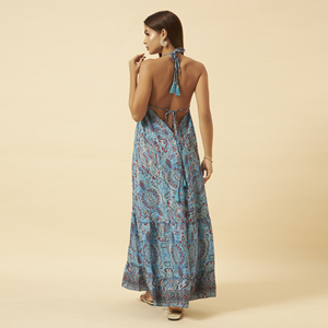 Vestido Maxi Halter Azul con Estampado Paisley para Mujer, Estilo Bohemio, Corte Regular, Verano, Playa, Resort, Sin Mangas, Chifón, Corte Imperio, Transpirable, Casual - Product Image 2