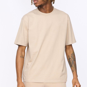 T-shirt en coton beige surdimensionné pour homme, manches courtes, col rond, jersey uni décontracté - Product Image 6