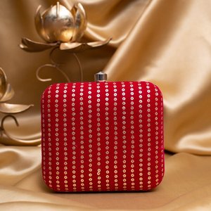 Bright <b>Red</b> Based Golden <b>Sequins</b> Embroidery Clutch Bag Elegant Designer Evening Purse for Women Events - Product Image 1