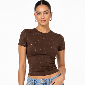 Customized Sparkly Diamonds Baby Tee Women's Shirts Supplier Custom Logo Fitted Gym T-Shirt Bulk Shimmering Casual Ladies Tops - Product Image 1