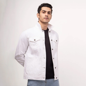 Veste en jean classique blanche pour homme, personnalisée OEM, à manches longues, décontractée, boutonnée, en polyester/nylon, coupe-vent, respirante, avec logo frontal, vêtement d'extérieur - Product Image 5