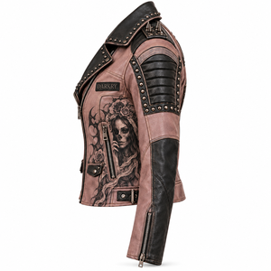Custom Made Dusty Pink Black Leather Jacket <b>Women</b> Sugar Skull Printed Studded Biker <b>Outerwear</b> OEM ODM Offer Service Provider - Product Image 4