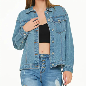 Chaqueta vaquera azul lavado para mujer con cordones en la espalda, detalle de ganchillo, manga larga, cuello vuelto, abrigo de primavera con costuras en contraste - Product Image 6