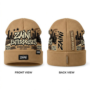 Premium Acrylic Rib Knit <b>Beanie</b> Cap 280 GSM Camel <b>Brown</b> Cuffed Winter Hat with Custom Screen Print Logo Woven Label Streetwear - Product Image 1