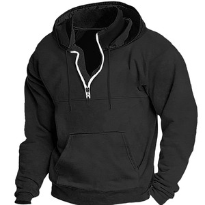 Men's quarter zip pullover <b>hoodie</b> with contrast zipper trim adjustable drawstring hood front pouch pocket and ribbed hem - Product Image 3