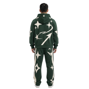 Survêtements en molleton de coton épais vert forêt, à capuche, manches longues, poches sur les manches, taille confortable, imprimé bouffant, tendance chic pour l'extérieur - Product Image 2