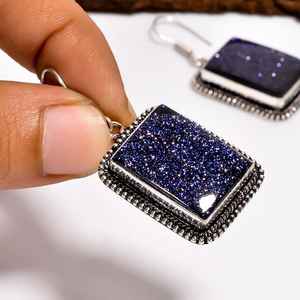 Pendientes colgantes de plata de ley con piedra azul dorada, hechos a mano, estilo bohemio, con gemas, regalo para mujer - Product Image 6