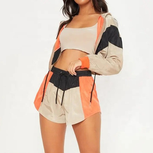 <b>Women</b> Color Blocking Hooded Windbreaker <b>Jacket</b> Set With Drawstring Waist Sporty Tracksuit Full Sleeve Lightweight Spring Wear - Product Image 2