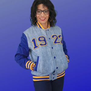 SGRho 1922 Light Blue <b>Denim</b> Bomber <b>Jacket</b> Royal Blue Sleeve Varsity Style Embroidered Crest Sorority College Casual Fashion - Product Image 1