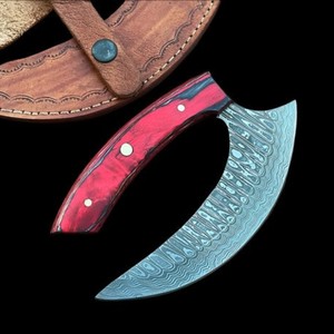 Handmade Damascus Ulu <b>Knife</b> Curved Blade Hunting Skinning <b>Knife</b> with Wooden <b>Handle</b> & Leather Sheath - Product Image 1