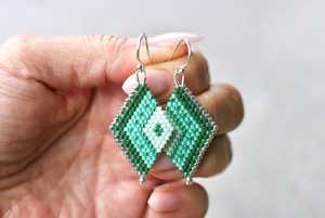Handwoven Pink Diamond Seed Bead Dangle <b>Earrings</b> Geometric Boho Lightweight Handmade Statement Fashion Jewelry Gift For Women - Product Image 3