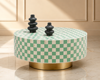 Table basse ronde moderne en bois avec incrustation d'os et design en damier, plateau en marbre fait main, mobilier de salon
