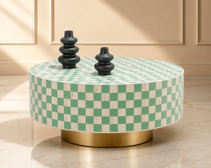 Modern Round <b>Wooden</b> Coffee <b>Table</b> with Bone Inlay and Checkerboard Design Handmade Marble Top Living Room Furniture - Product Image 1