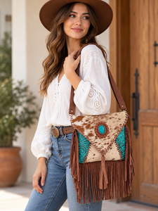 <b>Bohemian</b> Women's <b>Hair</b> on Hide Leather Fringe Handbag Tooled Leather Cowhide Turquoise Stone Cross Body Purse Stylish Sling Gifts - Product Image 5