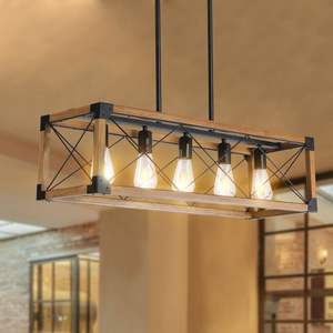 32\" Walnut Industrial Farmhouse 5-<b>Light</b> Pendant Chandelier Rectangle Design <b>for</b> Dining Room Kitchen Island Cafe <b>Decor</b> Bulbs - Product Image 4