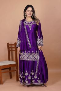 Chinon Silk Coding <b>Sequin</b> Rivet Moti Top <b>Flared</b> Palazzo Pack Embroidered Dupatta Stitched Three Piece Partywear Suit - Product Image 4