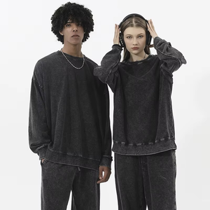 Ensemble sweat-shirt oversize à col rond délavé et pantalon baggy 100 % coton brodé, style streetwear vintage automne - Product Image 4